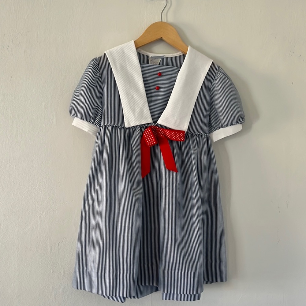 Bonnie Jean Blue Pinstripe Sailor Dress with Red Bow